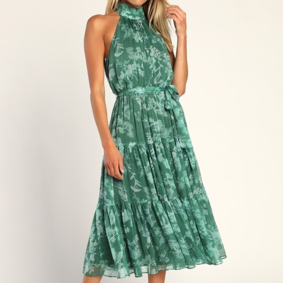 Lulus Float To You Green Floral Print Halter Tiered Midi Dress - Size S - Picture 1 of 4